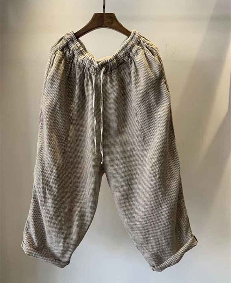 D10001 Japanese Retro Artistic Linen Plaid Harem Pants for Women Summer Loose Versatile Slimming Waist Tie Nine-point Pants