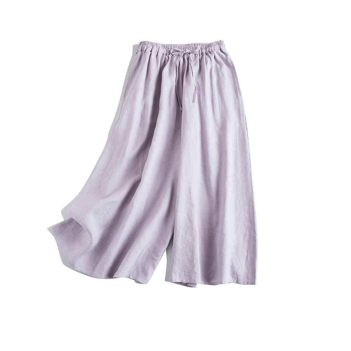 D10002 Japanese Style Commuting Simple Custom Pure Linen Artistic Loose Elastic Waist Drawstring Casual Comfortable Wide-Leg Nine-Point Skirt Pants