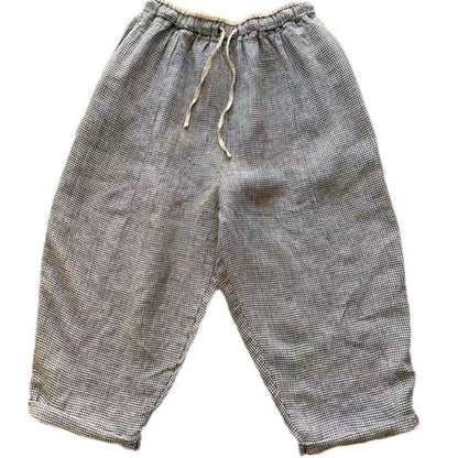 D10001 Japanese Retro Artistic Linen Plaid Harem Pants for Women Summer Loose Versatile Slimming Waist Tie Nine-point Pants