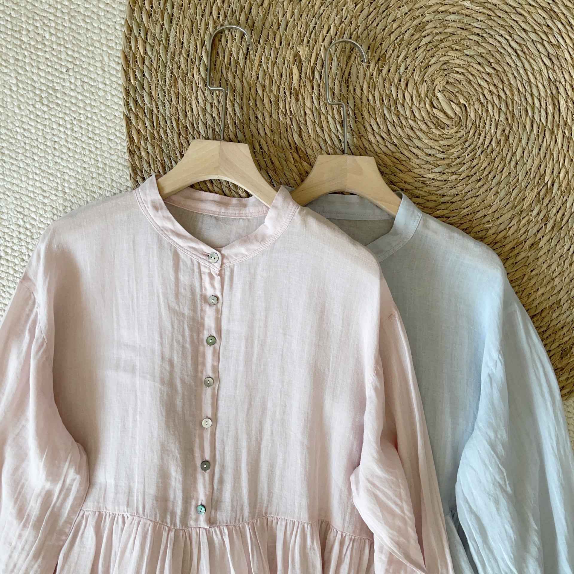 A0005 Ramie Linen Artistic Ramie Three-Quarter Sleeve Lazy Style Layered Shirt Dress Casual Dress