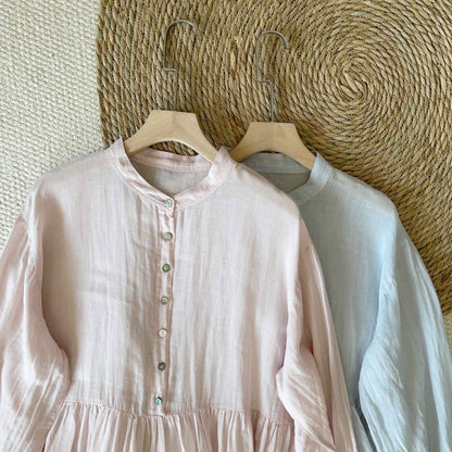 A0005 Ramie Linen Artistic Ramie Three-Quarter Sleeve Lazy Style Layered Shirt Dress Casual Dress