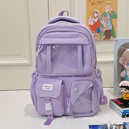 E10006 Campus Backpack for Girls, Cute Japanese Style Transparent Badge Pain Bag, Large Capacity Double Shoulder Backpack for Middle School and High School Students - Ivana Supply Store