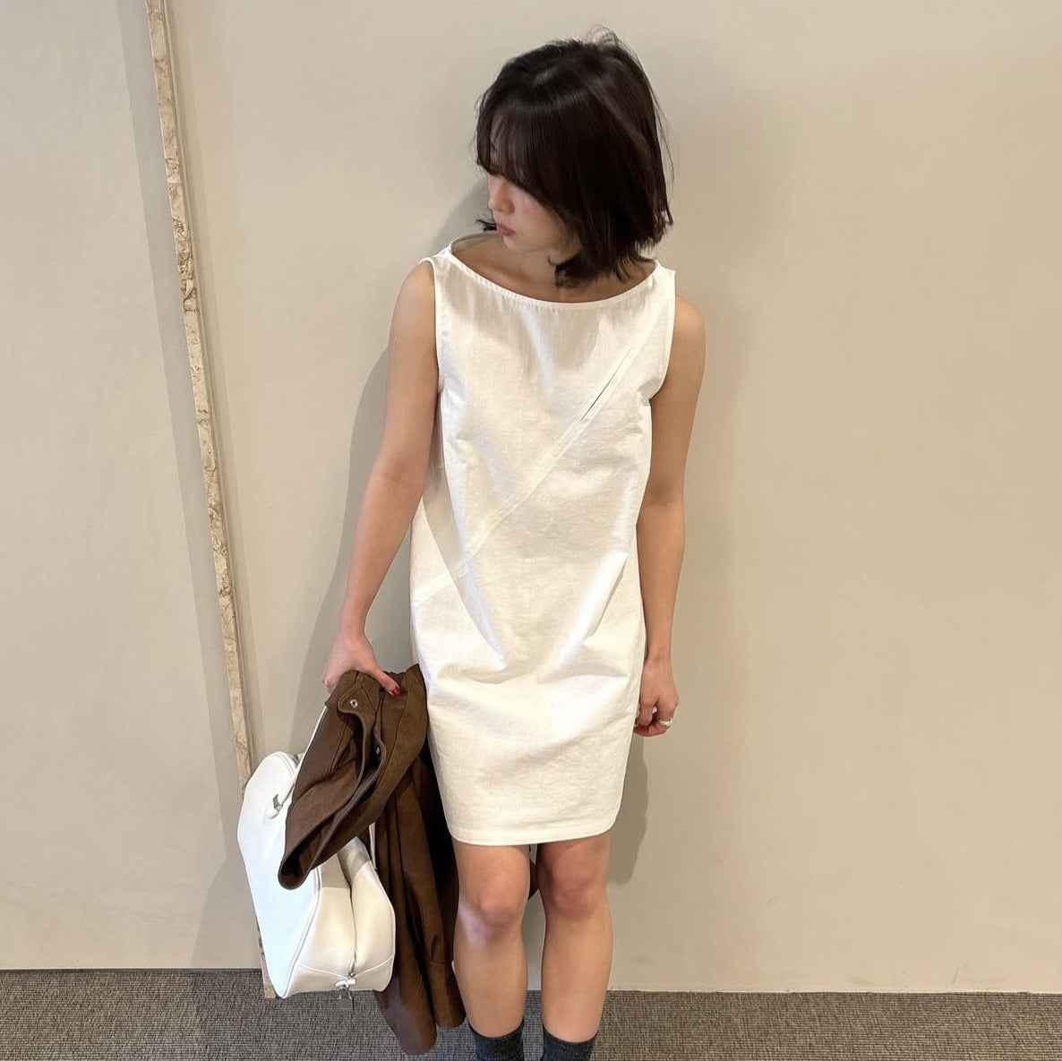 A0002 Simple Basic 95%+ Cotton Split Off-Shoulder Sleeveless Tank Dress Solid Color Dress