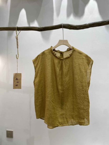 B10003 Vintage Artistic Ruffled Collar Ramie 95%+ Linen Blouse for Women Summer New Style Back Single Button Reversible Flutter Sleeve Blouse for Women