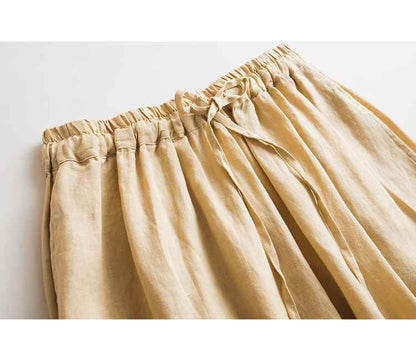 D10002 Japanese Style Commuting Simple Custom Pure Linen Artistic Loose Elastic Waist Drawstring Casual Comfortable Wide-Leg Nine-Point Skirt Pants