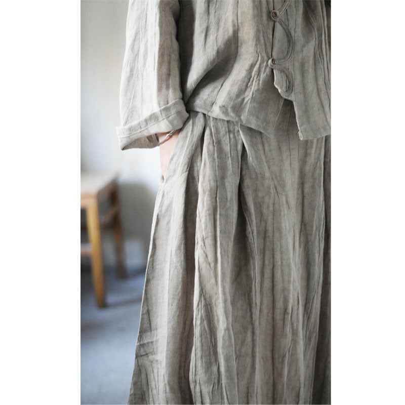 C10001 Spring Summer New Original 95%+ Linen Striped Texture Wrinkle Nostalgic Relaxed Half-Waist Elastic Skirt