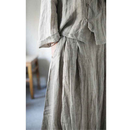 C10001 Spring Summer New Original 95%+ Linen Striped Texture Wrinkle Nostalgic Relaxed Half-Waist Elastic Skirt