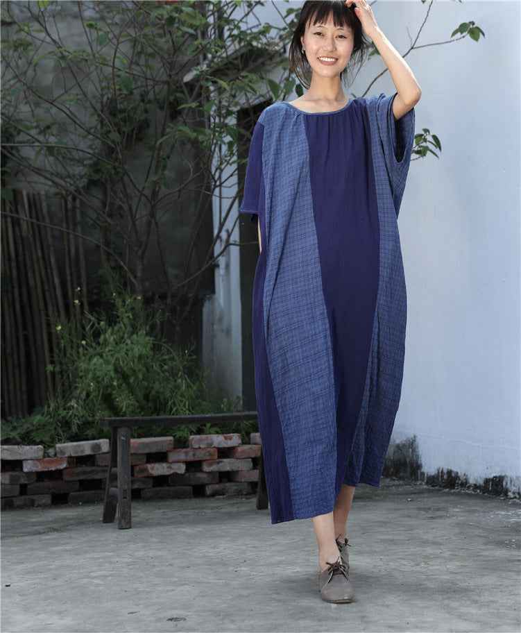 A0001 Early Summer New Cotton Linen Color Block Dress Irregular Plaid Patchwork Long Dress