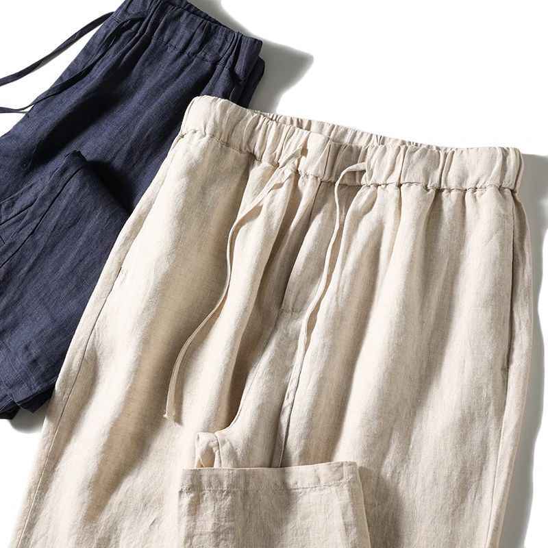 D20001 Breathable and Comfortable 100% Linen Summer Men's Loose Soft Straight-Leg Nine-Point Casual Linen Pants Men's Clothing