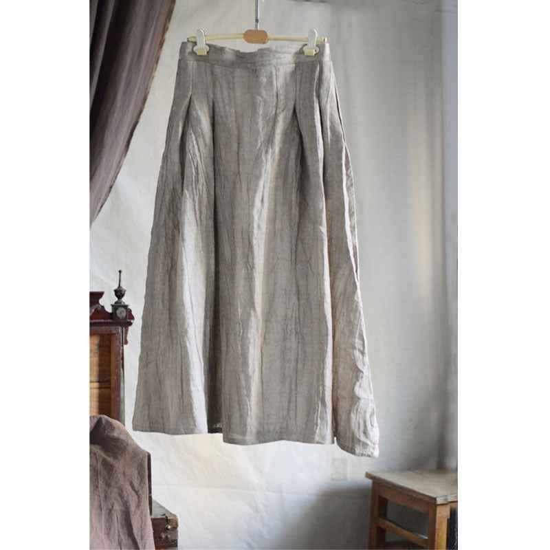 C10001 Spring Summer New Original 95%+ Linen Striped Texture Wrinkle Nostalgic Relaxed Half-Waist Elastic Skirt