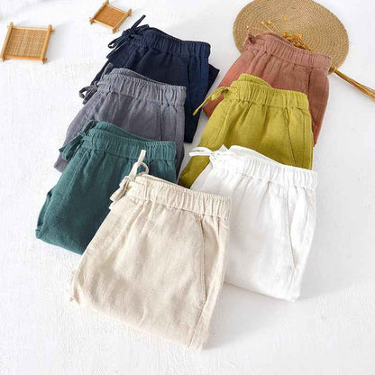 D20002 Japanese Style Elastic Drawstring Ramie Casual 70%+ Ramie Linen Shorts Men's Summer Beach Versatile Loose Cotton Linen Five-Point Shorts 8227