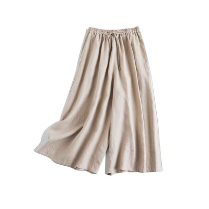 D10002 Japanese Style Commuting Simple Custom Pure Linen Artistic Loose Elastic Waist Drawstring Casual Comfortable Wide-Leg Nine-Point Skirt Pants