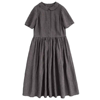 A0004 Summer New Artistic Loose Patchwork Solid Color Imported Linen Doll Collar Vintage Loose Short Sleeve Dress