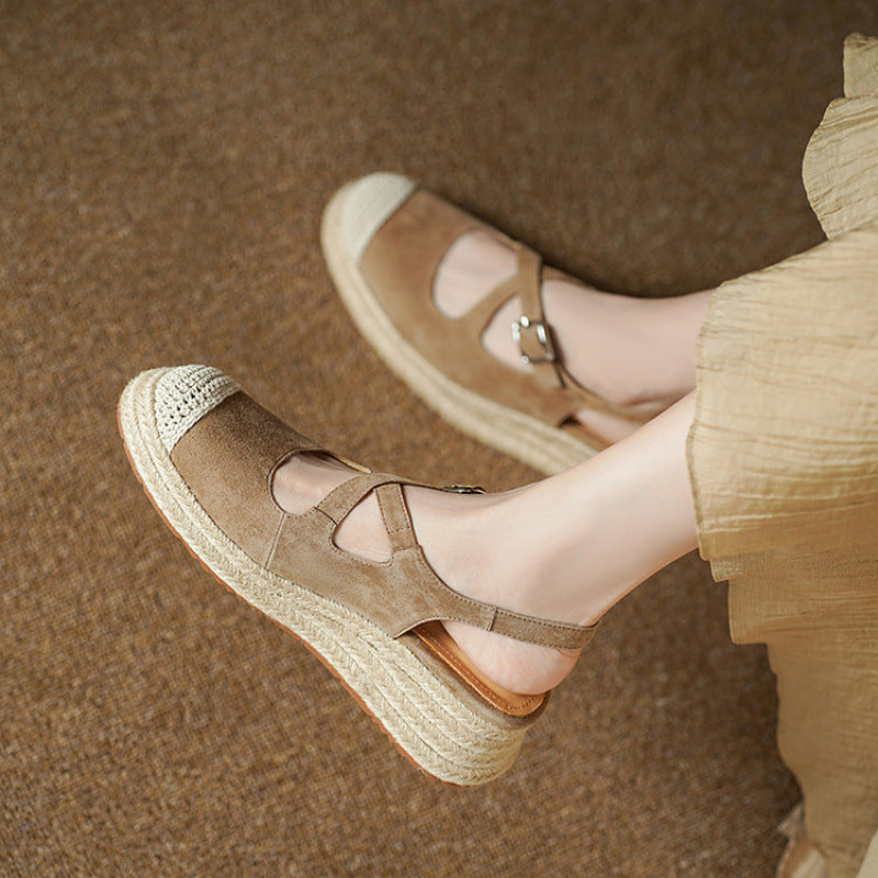 F10003 New Sheepskin Retro Straw Wedge Closed-Toe Sandals Thick-Soled Height-Increasing Fisherman Shoes for Women to Match Dresses - Ivana Supply Store