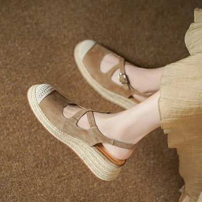 F10003 New Sheepskin Retro Straw Wedge Closed-Toe Sandals Thick-Soled Height-Increasing Fisherman Shoes for Women to Match Dresses - Ivana Supply Store