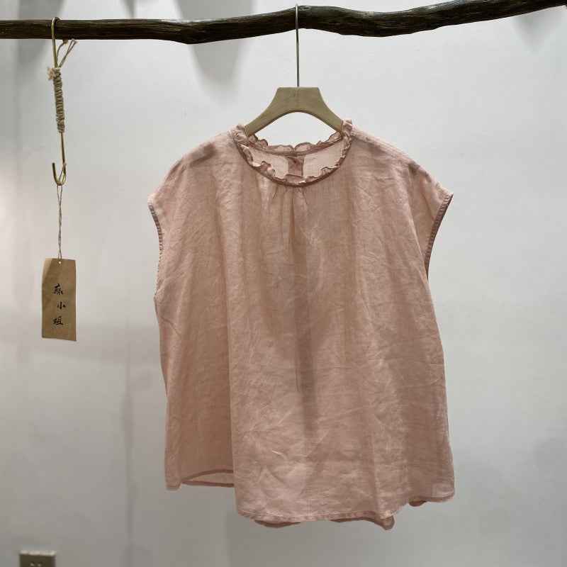 B10003 Vintage Artistic Ruffled Collar Ramie 95%+ Linen Blouse for Women Summer New Style Back Single Button Reversible Flutter Sleeve Blouse for Women