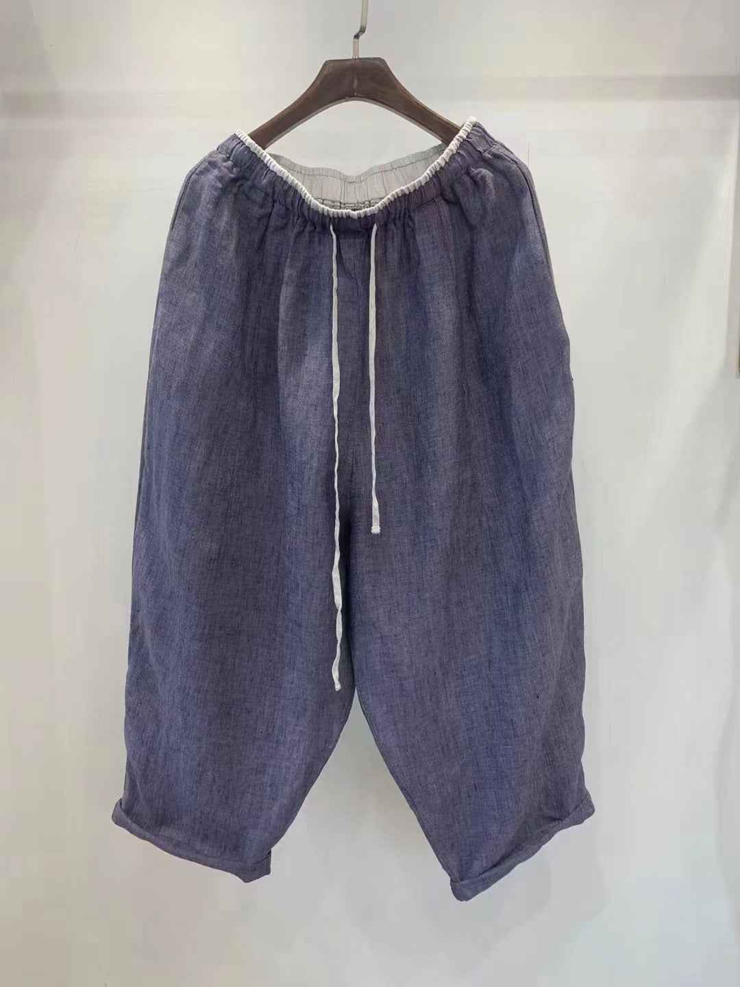 D10001 Japanese Retro Artistic Linen Plaid Harem Pants for Women Summer Loose Versatile Slimming Waist Tie Nine-point Pants