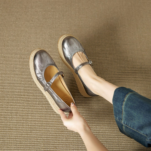 F100012 Niche Light Luxury Round Toe High Heel Wedge Single Shoes for Women Summer New Style Straw Thick Sole Shallow Mary Jane Shoes - Ivana Supply Store