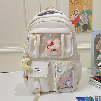 E10006 Campus Backpack for Girls, Cute Japanese Style Transparent Badge Pain Bag, Large Capacity Double Shoulder Backpack for Middle School and High School Students - Ivana Supply Store
