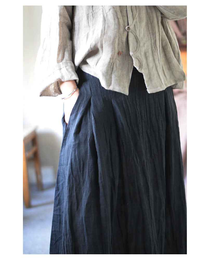 C10001 Spring Summer New Original 95%+ Linen Striped Texture Wrinkle Nostalgic Relaxed Half-Waist Elastic Skirt
