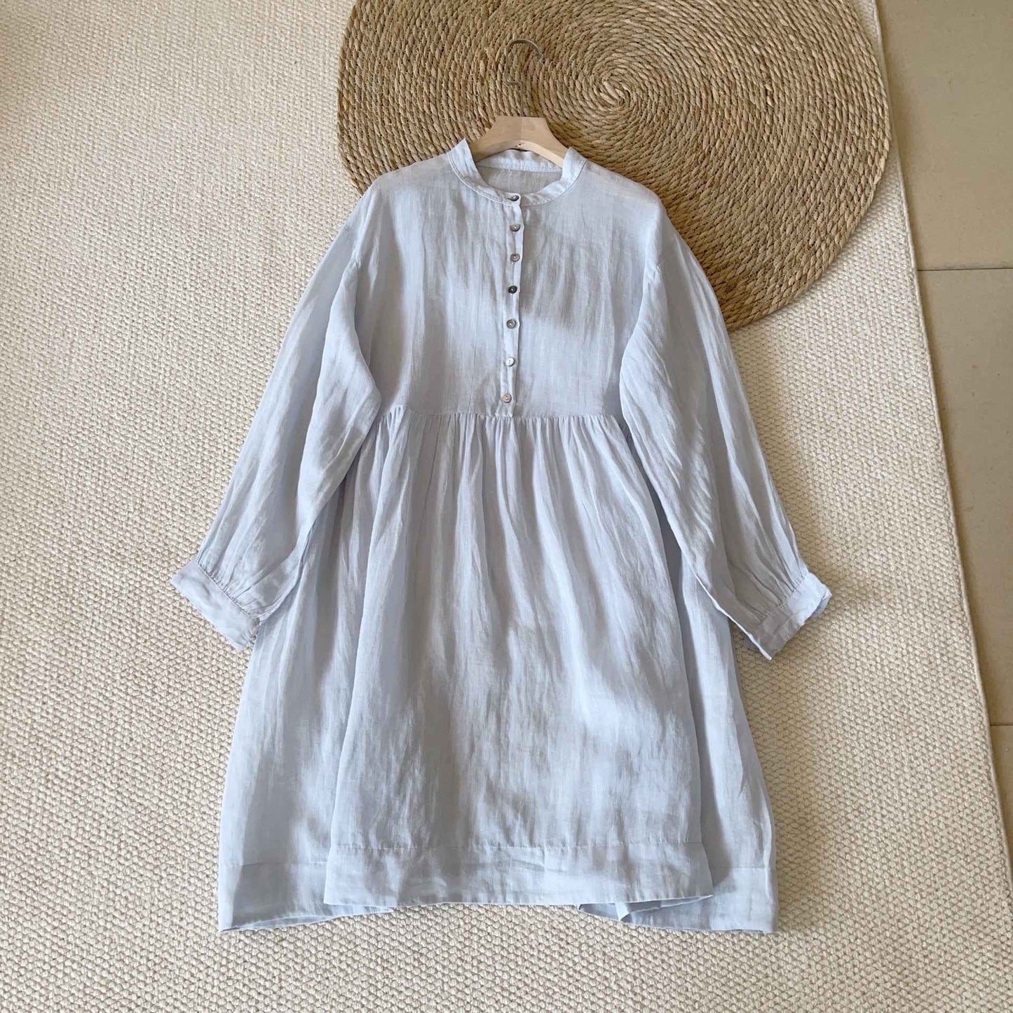 A0005 Ramie Linen Artistic Ramie Three-Quarter Sleeve Lazy Style Layered Shirt Dress Casual Dress