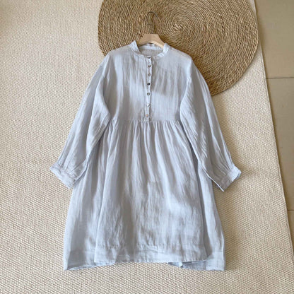 A0005 Ramie Linen Artistic Ramie Three-Quarter Sleeve Lazy Style Layered Shirt Dress Casual Dress