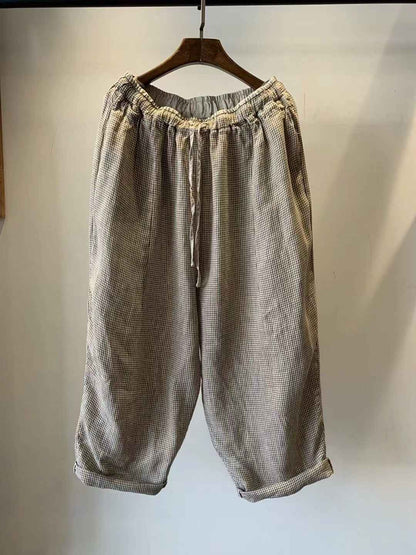 D10001 Japanese Retro Artistic Linen Plaid Harem Pants for Women Summer Loose Versatile Slimming Waist Tie Nine-point Pants