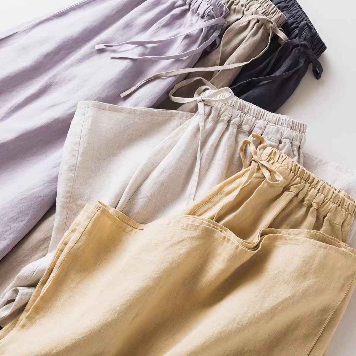 D10002 Japanese Style Commuting Simple Custom Pure Linen Artistic Loose Elastic Waist Drawstring Casual Comfortable Wide-Leg Nine-Point Skirt Pants