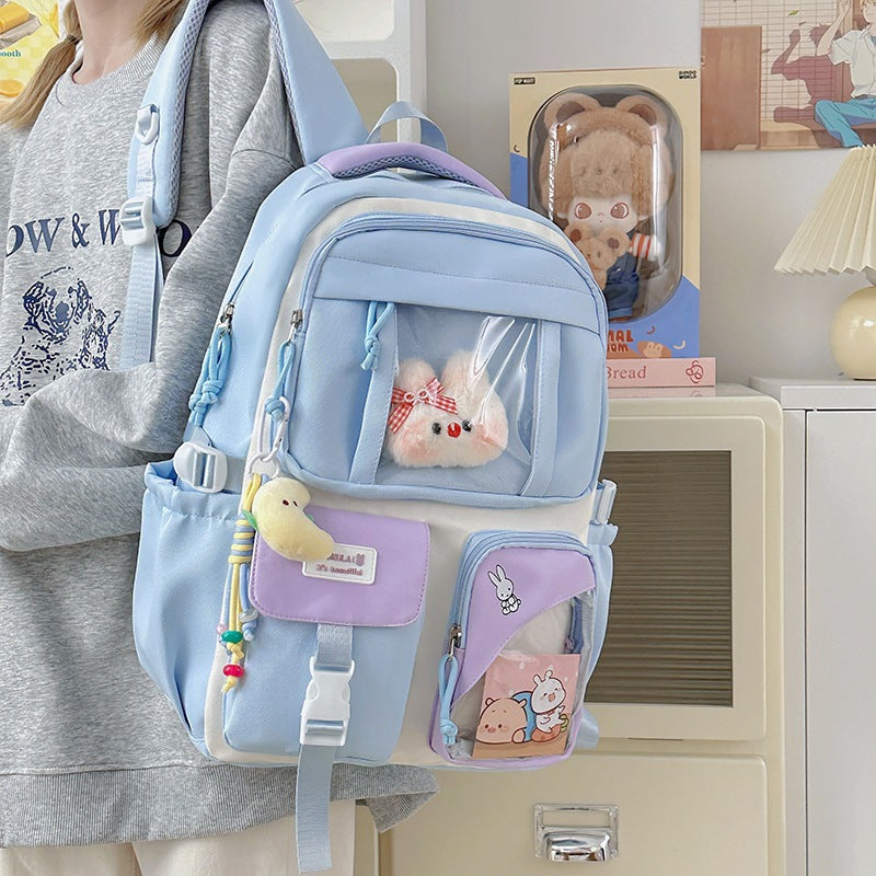E10006 Campus Backpack for Girls, Cute Japanese Style Transparent Badge Pain Bag, Large Capacity Double Shoulder Backpack for Middle School and High School Students - Ivana Supply Store