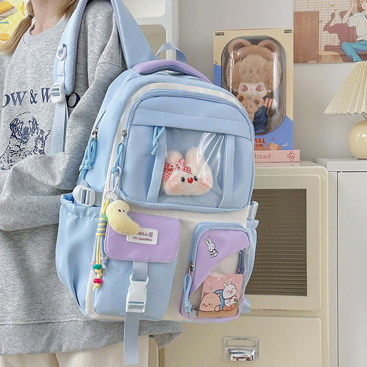 E10006 Campus Backpack for Girls, Cute Japanese Style Transparent Badge Pain Bag, Large Capacity Double Shoulder Backpack for Middle School and High School Students - Ivana Supply Store