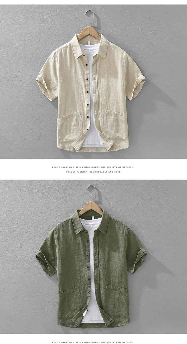 B20002 Summer Japanese Style Ramie Short Sleeve Shirt Men's Fashion Versatile 70% Ramie Linen Artistic Casual Loose Top