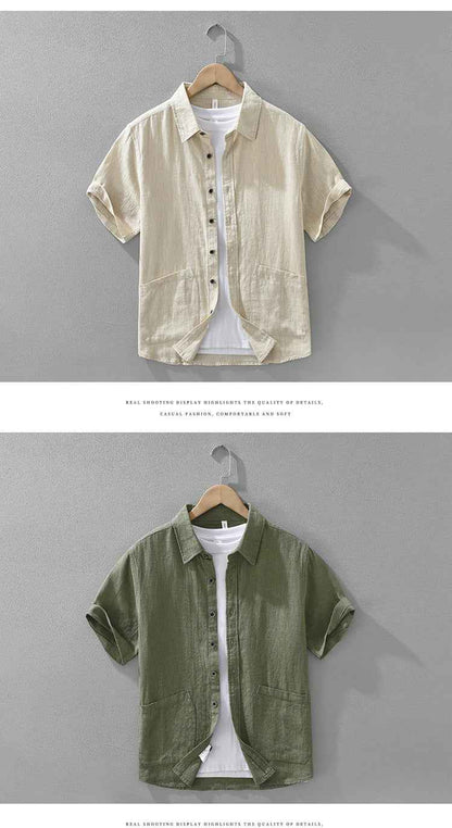 B20002 Summer Japanese Style Ramie Short Sleeve Shirt Men's Fashion Versatile 70% Ramie Linen Artistic Casual Loose Top