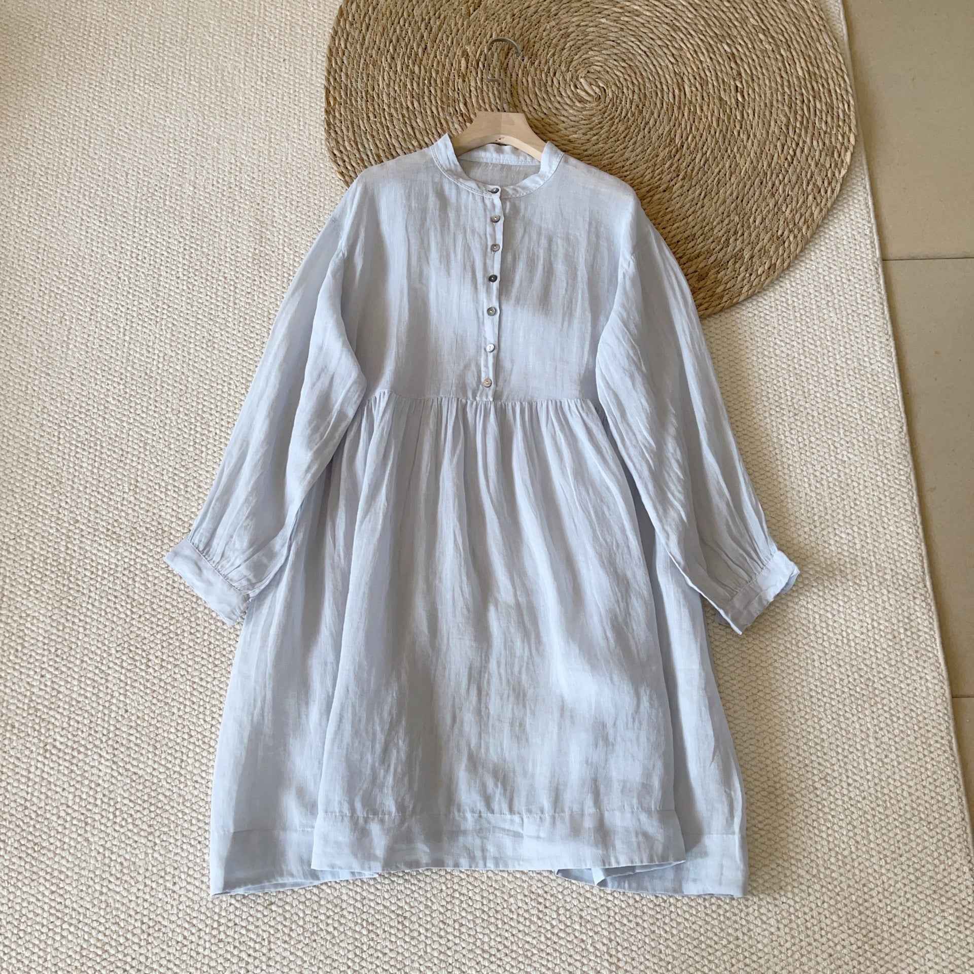 A0005 Ramie Linen Artistic Ramie Three-Quarter Sleeve Lazy Style Layered Shirt Dress Casual Dress