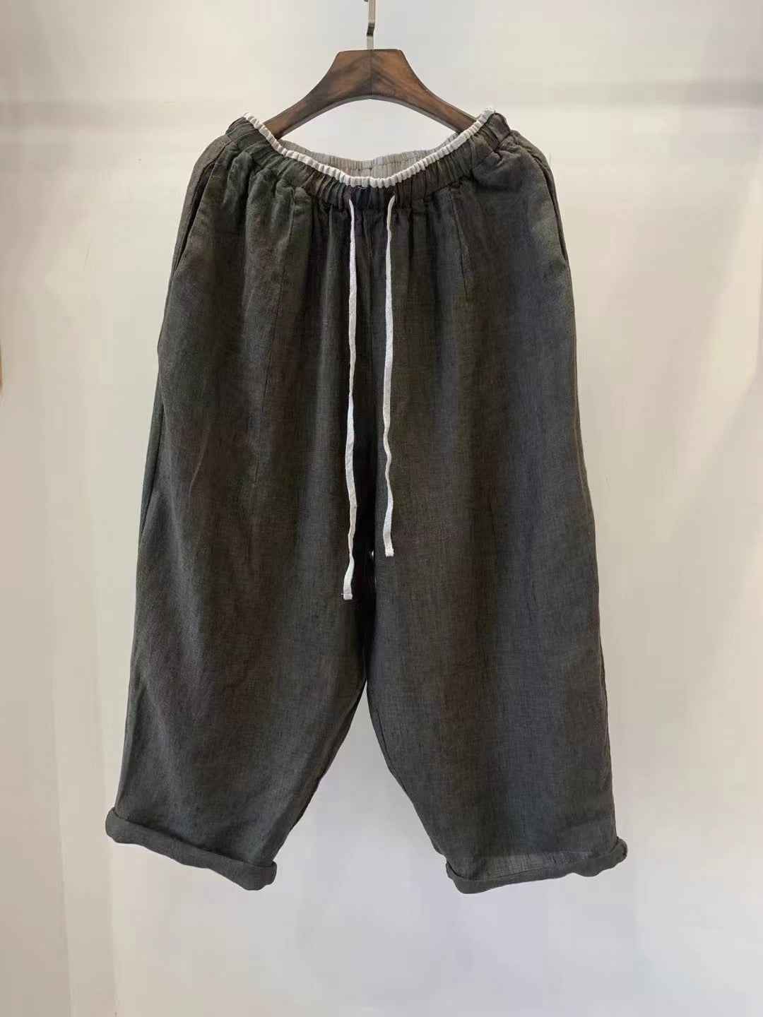 D10001 Japanese Retro Artistic Linen Plaid Harem Pants for Women Summer Loose Versatile Slimming Waist Tie Nine-point Pants