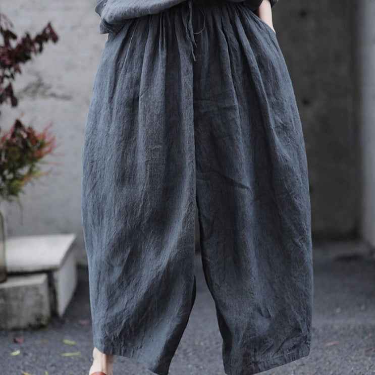 D10003 Summer Gray 95%+ Linen High-Density Woven Elastic Waist Drawstring Loose Carrot Wide-Leg Pants