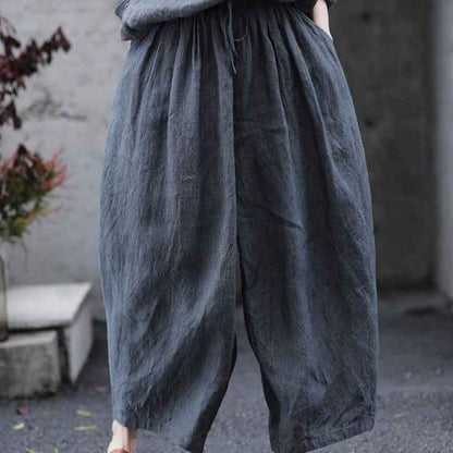D10003 Summer Gray 95%+ Linen High-Density Woven Elastic Waist Drawstring Loose Carrot Wide-Leg Pants