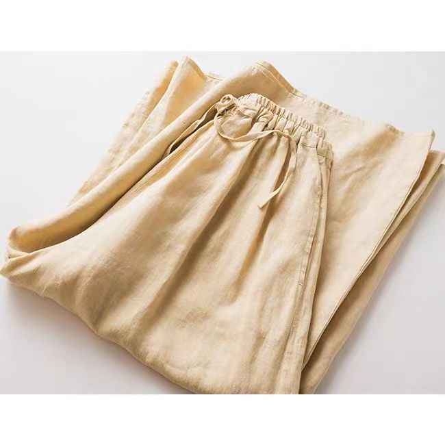 D10002 Japanese Style Commuting Simple Custom Pure Linen Artistic Loose Elastic Waist Drawstring Casual Comfortable Wide-Leg Nine-Point Skirt Pants