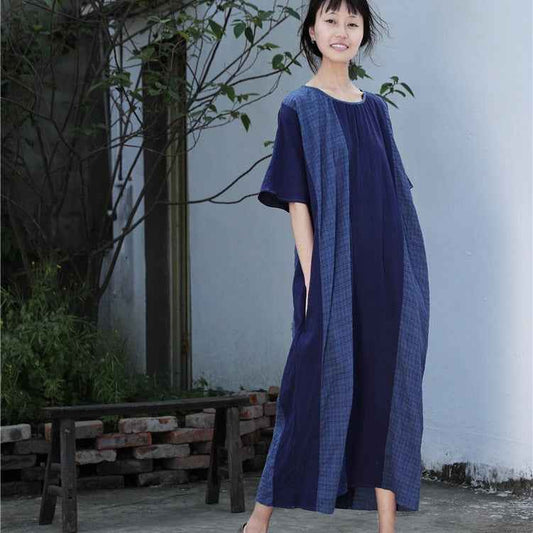 A0001 Early Summer New Cotton Linen Color Block Dress Irregular Plaid Patchwork Long Dress