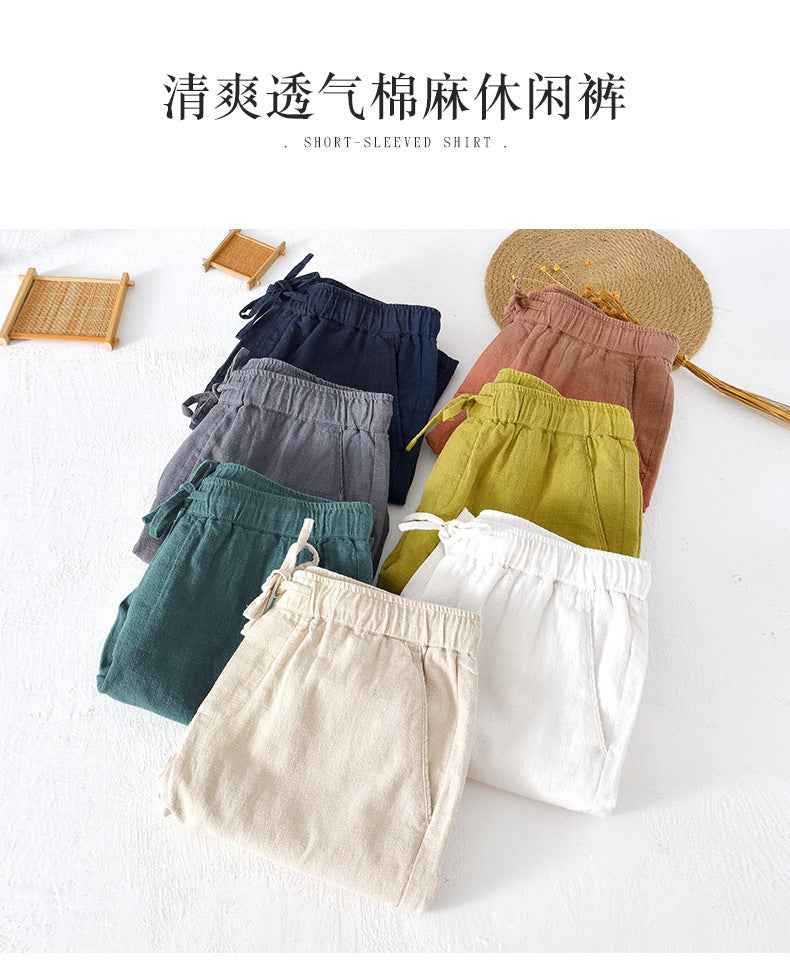 D20002 Japanese Style Elastic Drawstring Ramie Casual 70%+ Ramie Linen Shorts Men's Summer Beach Versatile Loose Cotton Linen Five-Point Shorts 8227