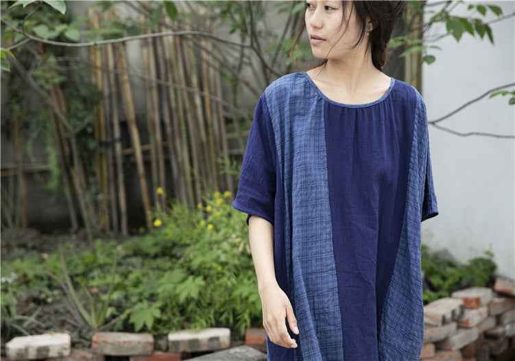 A0001 Early Summer New Cotton Linen Color Block Dress Irregular Plaid Patchwork Long Dress