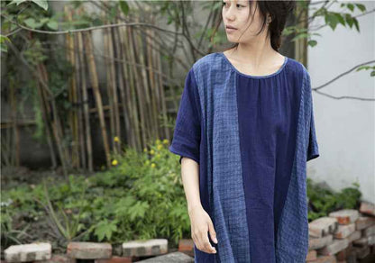 A0001 Early Summer New Cotton Linen Color Block Dress Irregular Plaid Patchwork Long Dress