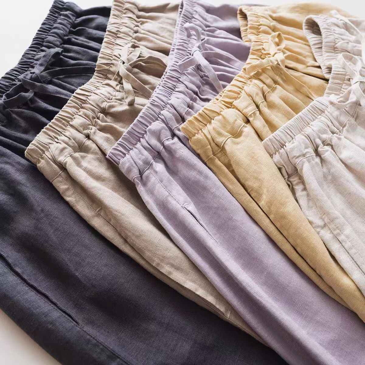 D10002 Japanese Style Commuting Simple Custom Pure Linen Artistic Loose Elastic Waist Drawstring Casual Comfortable Wide-Leg Nine-Point Skirt Pants