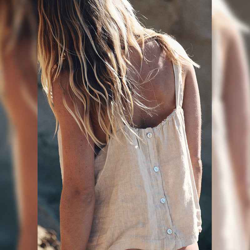 B10002 European and American Style Reversible Camisole Summer French Old Money Style Niche Design Pure Linen 95%+ Linen Backless Short Top for Women