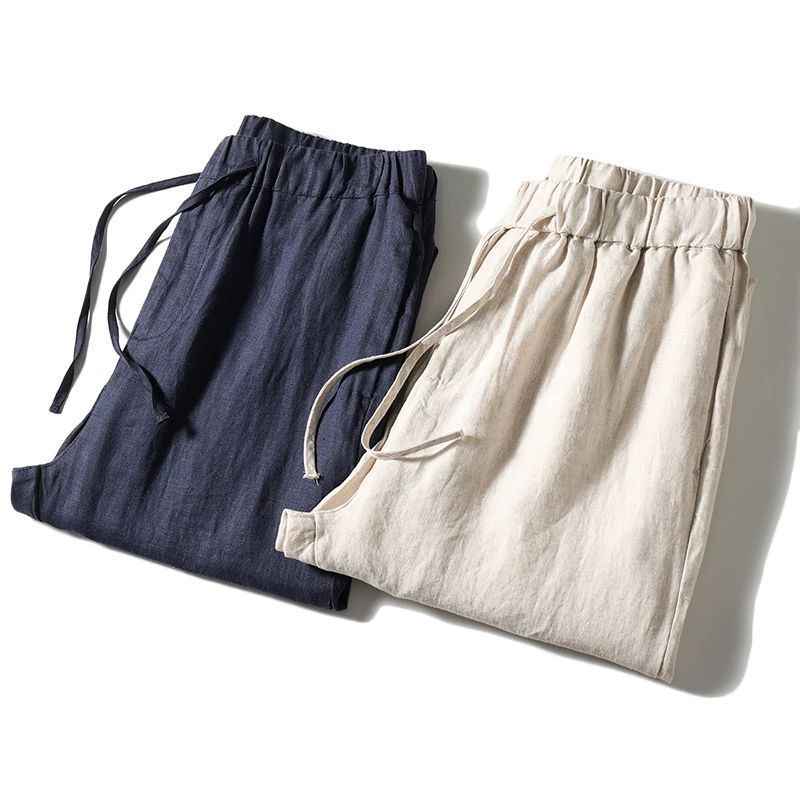 D20001 Breathable and Comfortable 100% Linen Summer Men's Loose Soft Straight-Leg Nine-Point Casual Linen Pants Men's Clothing