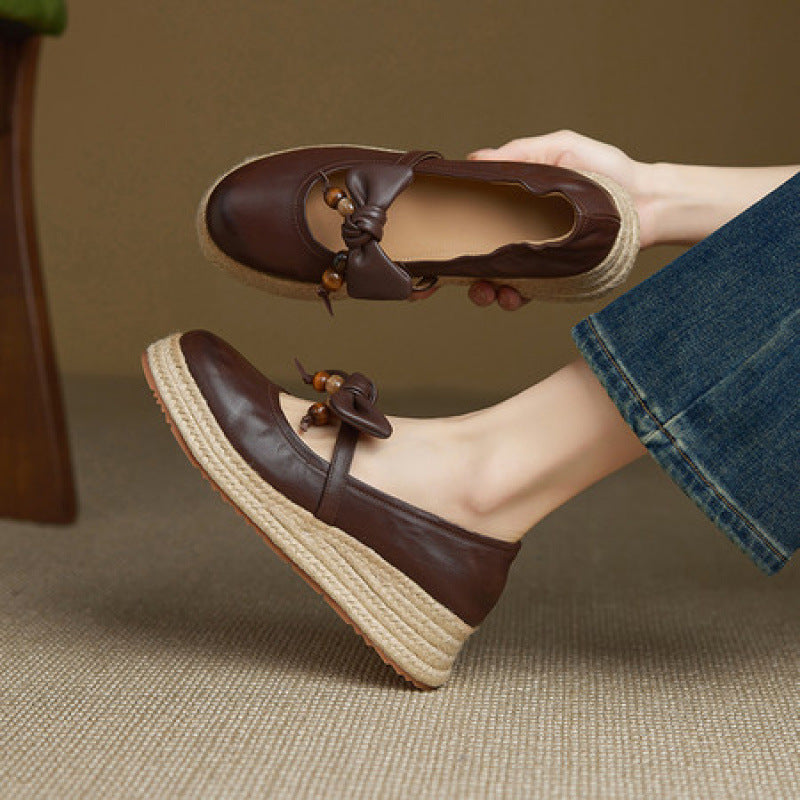 F10005 Women's Sweet Bow Beaded Fashion New Round Toe Thick Sole Mid Heel Mary Jane Braided Sole Shallow Mouth Single Shoes - Ivana Supply Store