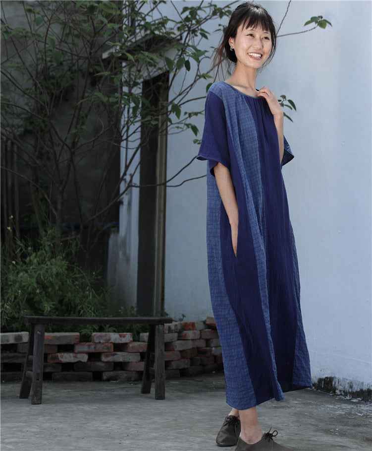 A0001 Early Summer New Cotton Linen Color Block Dress Irregular Plaid Patchwork Long Dress