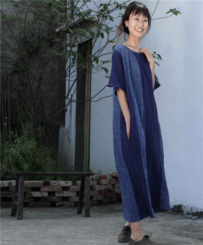 A0001 Early Summer New Cotton Linen Color Block Dress Irregular Plaid Patchwork Long Dress