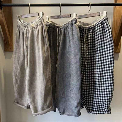 D10001 Japanese Retro Artistic Linen Plaid Harem Pants for Women Summer Loose Versatile Slimming Waist Tie Nine-point Pants