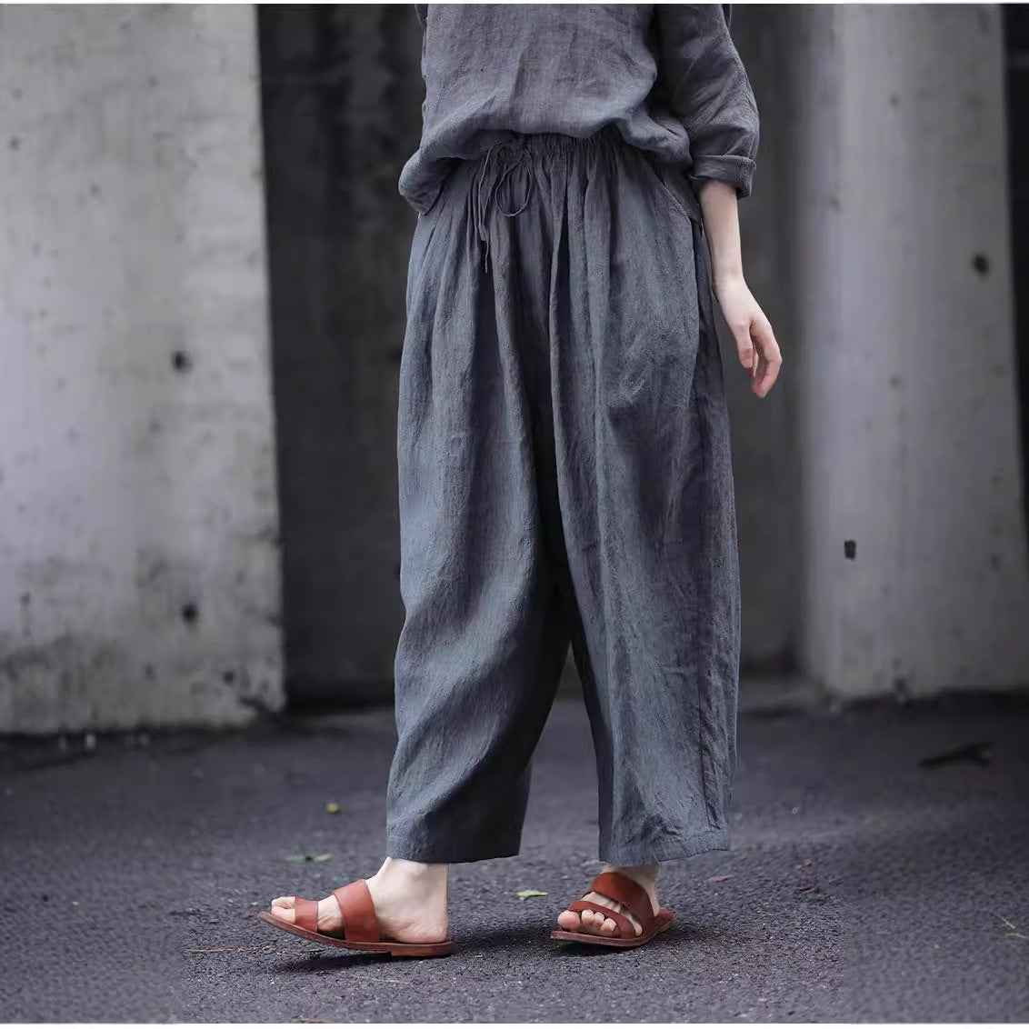 D10003 Summer Gray 95%+ Linen High-Density Woven Elastic Waist Drawstring Loose Carrot Wide-Leg Pants