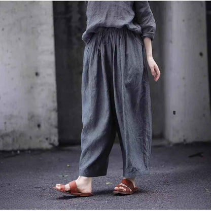 D10003 Summer Gray 95%+ Linen High-Density Woven Elastic Waist Drawstring Loose Carrot Wide-Leg Pants